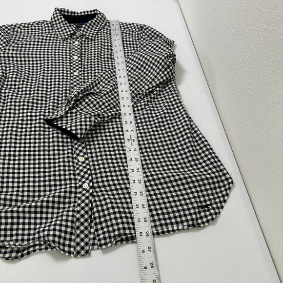 Talbots Button Front Top Petite M MP Black White Gingham Check Roll Tab Sleeve - Picture 11 of 11